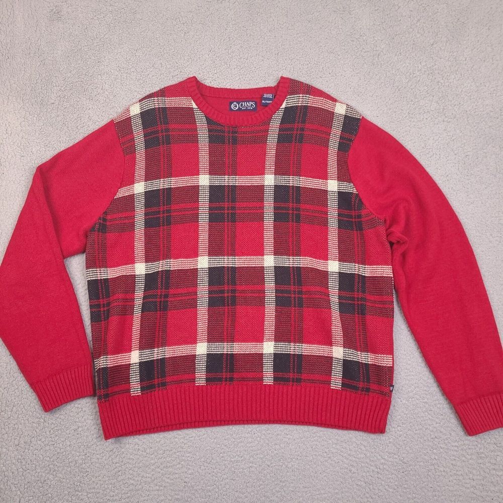 Chaps Sweater Mens XXL Red Tartan Plaid‎ Crew Neck Pullover Ramie Cotton Preppy